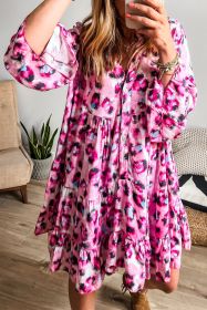 Rose Leopard Button V Neck Pocket Flowy Mini Dress (size: (US 16-18)XL)