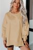 Light Beige Exposed Seam Drop Shoulder Side Slit Sweatshirt