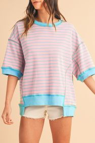 Pink Stripe Colorblock Drop Sleeve Oversized T Shirt (size: (US 16-18)XL)