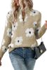Khaki Vintage 60s Floral Pattern Half Zip Collar Drop Shoulder Sweater