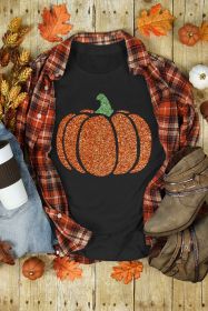 Black Halloween Glittering Pumpkin Graphic T Shirt (size: (US 16-18)XL)