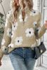 Khaki Vintage 60s Floral Pattern Half Zip Collar Drop Shoulder Sweater