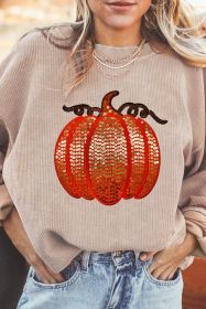 Apricot Crinkle Ribbed Halloween Sequin Pumpkin Graphic Sweatshirt (size: (US 16-18)XL)
