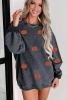Gray Crinkle Ribbed Halloween Pumpkin Graphic Drop Shoulder Sweatshirt