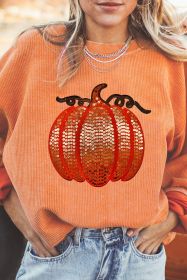 Orange Crinkle Ribbed Halloween Sequin Pumpkin Graphic Sweatshirt (size: (US 16-18)XL)