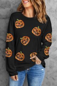 Black Halloween Sequin Pumpkin Face Graphic Top (size: (US 16-18)XL)