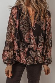 Black Floral Print Criss Cross V Neck Balloon Sleeve Blouse (size: (US 4-6)S)