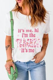White Floral TEACHER Slogan Graphic Crewneck T Shirt (size: (US 16-18)XL)