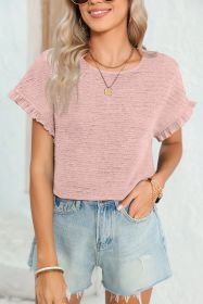Light Pink Solid Textured Frill Cuffs Short Sleeve Blouse (size: (US 8-10)M)