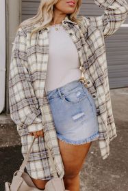 White Plaid Print Tunic Side Slits Plus Size Shacket (size: (US 26W-28W)4X)