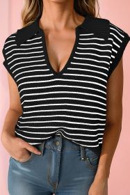Black Stripe Turn-down Collar Sleeveless Knitted Top (size: (US 16-18)XL)