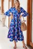 Blue Floral Peasant Sleeve Tiered Ruffle Midi Dress