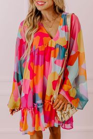 Red Abstract Print Bell Sleeve V Neck Babydoll Dress (size: (US 16-18)XL)