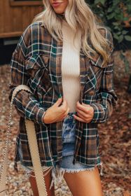 Brown Plaid Print Chest Pockets Buttoned Shacket (size: (US 16-18)XL)