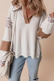 White Leopard Patchwork Turn-down Collar Waffle Top (size: (US 16-18)XL)