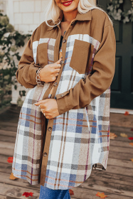 Khaki Plaid Patchwork Long Sleeve Jacket (size: (US 16-18)XL)