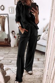 Black Textured Long Sleeve Top and Pants Lounge Set (size: (US 16-18)XL)