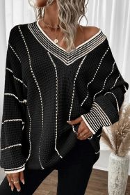 Black Contrast V Neck Loose Tunic Sweater (size: (US 16-18)XL)