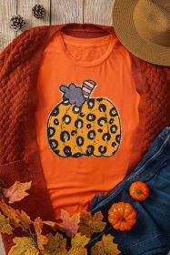 Orange Halloween Leopard Pumpkin Crew Neck Graphic Tee (size: (US 16-18)XL)