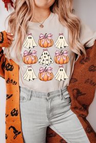 Khaki Bowknot Ghost Pumpkin Graphic Halloween T Shirt (size: (US 16-18)XL)