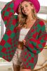 Fiery Red Colorblock Checked Open Front Knitted Cardigan