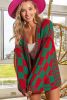 Fiery Red Colorblock Checked Open Front Knitted Cardigan