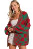 Fiery Red Colorblock Checked Open Front Knitted Cardigan