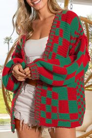 Fiery Red Colorblock Checked Open Front Knitted Cardigan (size: (US 16-18)XL)