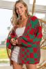 Fiery Red Colorblock Checked Open Front Knitted Cardigan