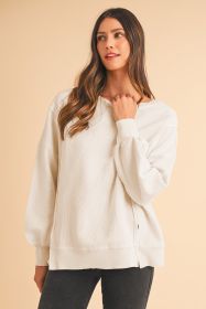White Waffle Bishop Sleeve Split Oversized Sweatshirt (size: (US 16-18)XL)