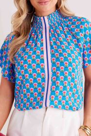 Sky Blue Floral Print Stand Neck Short Sleeve Blouse (size: (US 16-18)XL)