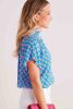 Sky Blue Floral Print Stand Neck Short Sleeve Blouse