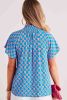 Sky Blue Floral Print Stand Neck Short Sleeve Blouse