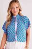 Sky Blue Floral Print Stand Neck Short Sleeve Blouse