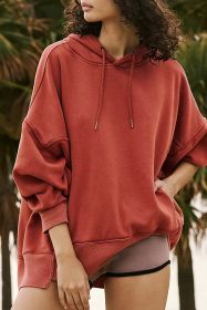 Red Clay Drop Shoulder Pocketed Baggy Drawstring Hoodie (size: (US 16-18)XL)