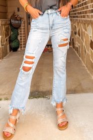 Beau Blue Light Wash Distressed Straight Leg Slim Fit Jeans (size: 6)