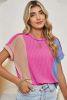 Rose Red Crinkle Rib Colorblock Crew Neck T Shirt