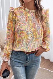 Yellow Paisley Print Ruffled Trim Button Up Boho Blouse (size: (US 16-18)XL)