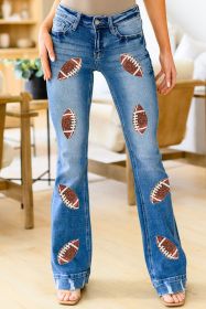 Sky Blue Sequin Rugby Football Pattern High Waist Distressed Flare Jeans (size: 8)