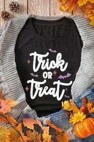 Black Trick Or Treat Bat Print Crew Neck Halloween T Shirt (size: (US 16-18)XL)