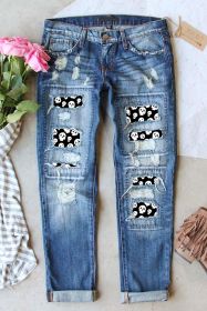 Sky Blue Halloween Skull Patchwork Distressed Straight Jeans (size: 6)