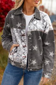 Black Star Snakeskin Printed Patchwork Denim Jacket (size: (US 16-18)XL)