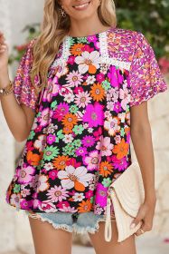 Rose Red Bubble Sleeve Lace Trim Floral Blouse (size: (US 16-18)XL)