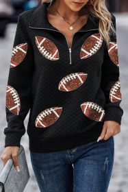 Black Sequin Rugby Football Patched Quarter Zip Textured Sweatshirt (size: (US 16-18)XL)