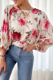 Rose Floral 3/4 Sleeve Lace-up Back Blouse (size: (US 16-18)XL)