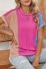 Rose Red Crinkle Rib Colorblock Crew Neck T Shirt