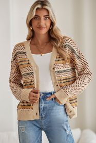 Khaki Geometric Pattern Button Front V Neck Cropped Cardigan (size: (US 4-6)S)