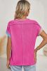 Rose Red Crinkle Rib Colorblock Crew Neck T Shirt