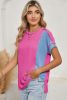 Rose Red Crinkle Rib Colorblock Crew Neck T Shirt