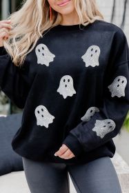 Black Glitter Ghost Pattern Crew Neck Halloween Sweatshirt (size: (US 16-18)XL)
